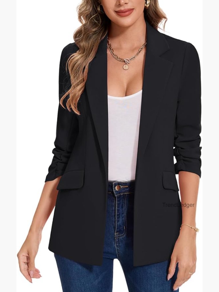 Women's Open Front Blazer - 3/4 Ruched Sleeve Notched Collar Suit Jacket With